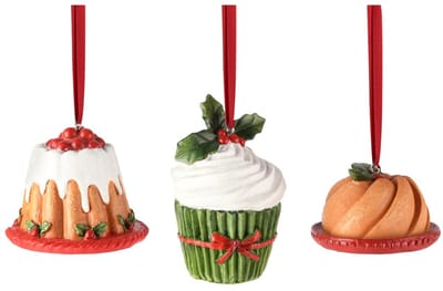 Dekoratief | Hanger gebakje, rood/wit/groen, resina, 7x7x4cm, set van 3 stuks | A255828