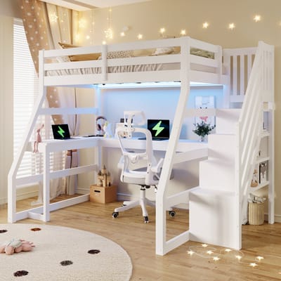 Houten hoogslaper 90x200 met bureau - witte houten hoogslaper - LED-verlichting en USB-aansluiting - trap met opbergruimte - 254 x 145 x 170 cm