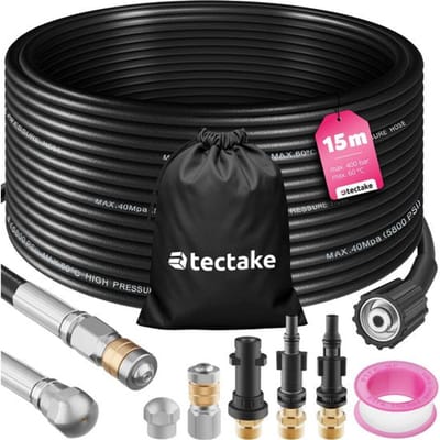 tectake® Rioolslang - Leidingreinigingsslang met 2x leidingreinigingsmondstuk - Afvoerreiniger voor hogedrukreinigers - Leidingreiniging voor afvoeren - Afvoerleiding - Rioolreiniger - Toiletreiniger - 15 meter