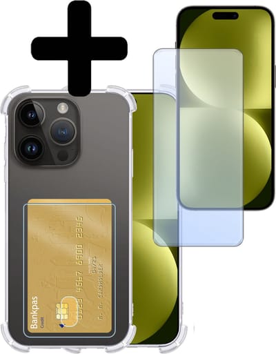 Hoesje - Geschikt voor Apple iPhone 15 Pro - Met Screenprotector - En Pashouder - En Kaarthouder - Telefoon Hoes Shockproof - Siliconen Case - Back Cover - Shock Proof - Pasjes Houder - Telefoonhoesjes - Transparant