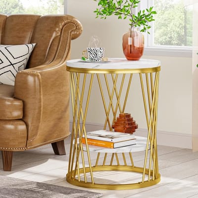 Tribesigns Ronde Bijzettafel - Industriële Bijzettafel met 2 Niveaus en Opbergruimte - Sidetable - industrieel nachtkastje voor Woonkamer, Slaapkamer - 45×45×60 cm - witgouden