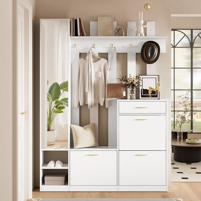 Garderobe Set - 133x23.5x180 cm - Met Spiegel 3 Schoenenkippers Lade en Haken - Hout - Wit