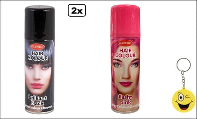 2x Haarverf/haarspray zwart en roze 125 ml - incl.Smiley - Festival thema feest carnaval haar kleurspray party