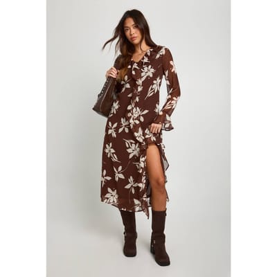 boohoo Dames Bloemen Chiffon Midaxi Gerafelde Jurk | Chocoladebruin | Maat: 36