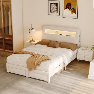 ROSAHQNDA Tweepersoonsbed 160 x 200 cm, gestoffeerd bed met 2 lades, opbergbed, hoofdbord met opbergvak en USB-aansluiting, jeugdbed, beige fluweel