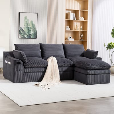 Wishdor - Modulaire Bank Met Voetenbank En Zijvakken - Woonkamer Of Kantoor - Ribfluweel - Donkergrijs - 263 x 167 x 85 cm