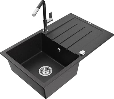 Mexen Bruno granieten spoelbak 1-komers met afdruiprek en keukenkraan Flora, zwart/zilver metallic - 6513-73-670401-07