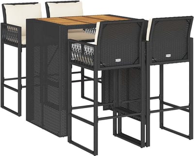 vidaXL - 5-delige - Tuinbarset - met - kussens - poly - rattan - acacia - zwart