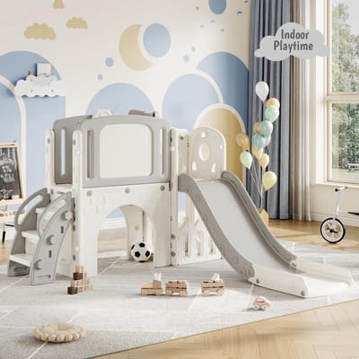 Speelset voor in de achtertuin – 8-in-1 speeltoestel voor peuters met glijbaan, klimrek, basketbalring, telescoop, tunnel en opbergruimte – Speeltoestel voor binnen en buiten voor kinderen – Ideaal voor de achtertuin, binnenplaats en om in te spelen