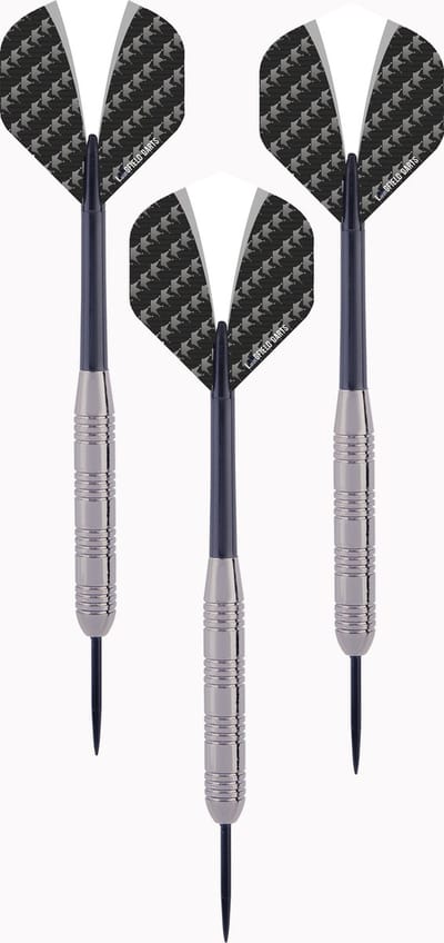 Darts Tungsten Look Set 23 g – 3 Steeltip Dartpijlen – Tungsten Look Barrel – Nylon Shaft – Wit / Zwarte Flight – Inclusief Etui – Longfield