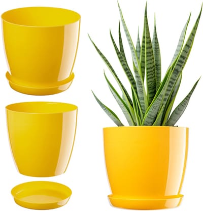 Ronde Lichtgewicht Bloempot met Onderschaal voor Binnen - Elegante Sierpot Kunststof (Ø 20 cm, Geel)
