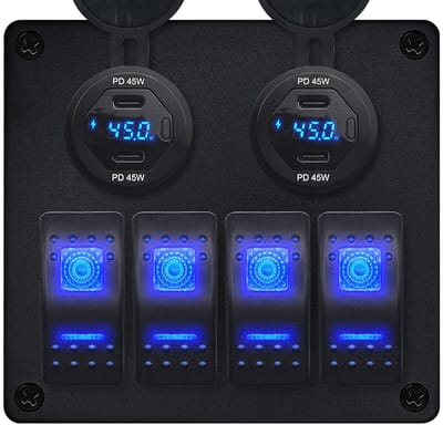 ProRide Schakelpaneel 12V voor Auto/Boot - USB C Autolader 4 Poorten met Schakelaar/Wattagemeter - 45W/QC3.0 - 4 schakelaars - Blauw
