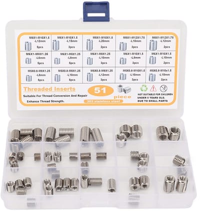 Dailygoods- Draadverkleiner 51 Stuks - Schroefdraadinzetstukken M5 tot M8 - Roestvrij Staal - Bevestigingsmiddelen - Draadreparatie Assortiment - Veilige Pasvorm - Schroefdraadinzetstuk