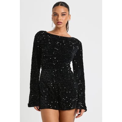 boohoo Dames Fluwelen pailletten playsuit met uitlopende mouwen | Black | Maat: 12