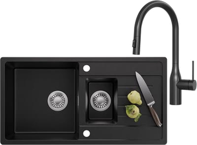CECIPA MAX Spoelbak Keuken 86x45CM - 1.5 Granieten Spoelbakken Keuken Met Keukenkraan Met Uittrekbare Uitloop - Primaire en Tweede Bak - Met Afdruiprek en Waterafvoersysteem - Zwart