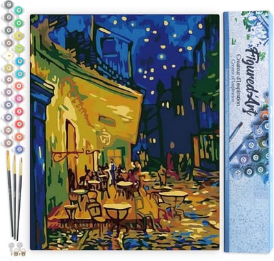 Figured'Art Schilderen op Nummer Volwassenen canvas Van Gogh Café Terras bij Nacht - Handwerk acrylverf Kit DIY Compleet - 40x50cm zonder frame
