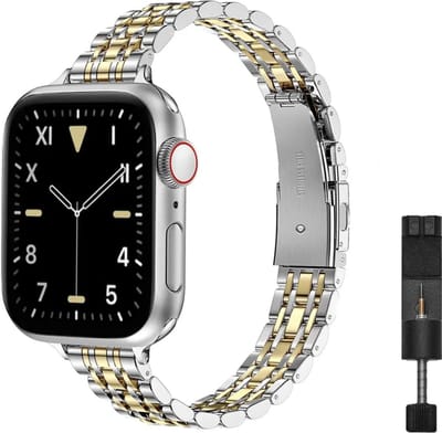 MY PROTECT - Luxe Metalen Slim Inspired Bandje - Geschikt Voor Apple Watch Bandje - Series 1/2/3/4/5/6/7/8/9/10/SE/Ultra - 44mm - 45mm - 46mm - 49mm - Zilver Goud