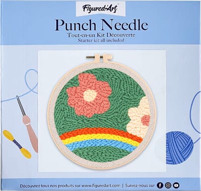 Figured'Art Punch Needle Kit voor Volwassenen en Kinderen - Bloemen over een Regenboog - Perfect voor Beginners. Compleet klaar-om-te-borduren set, maat 20x20 cm met ronde frame