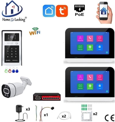 Smart WIFI deur intercom/videofoon touchscreen met bediening via Smart Life APP werkt met Alexa en Google spraaksturing. T-2303-1-2+C