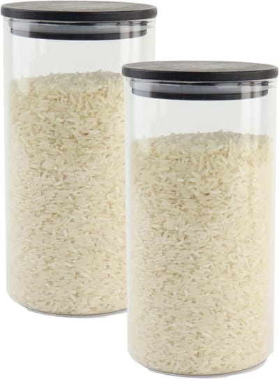 OTIX Voorraadpot - Glas - met Deksel - Set van 2 - 800ml - Zwart - Hout - SERENITY