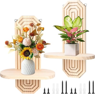 Bohemian Wandplank Set van 2, Octagonale Houten Planken voor Decoratie in Kinderkamer, Woonkamer en Kantoor, Ideaal voor Planten en Accessoires