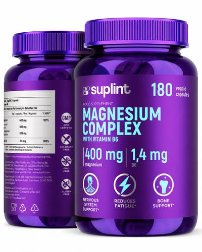 Magnesiumcomplex 400 mg – bisglycinaat + citraat met vitamine B6 – hoog gedoseerd en laboratorium getest – voor zenuwen, spieren en energie – veganistisch, zonder toevoegingen – 180 capsules -Suplint