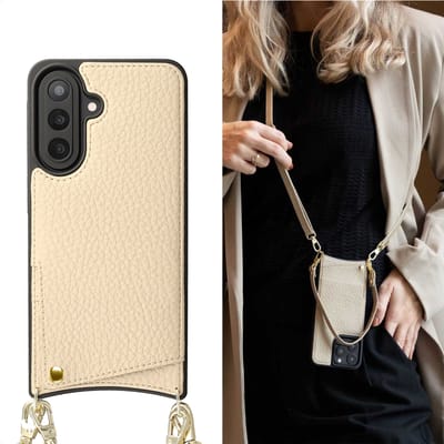 Selencia Hoesje - Geschikt voor Samsung Galaxy A57 (5G) - Backcover met koord en pashouder - Beige