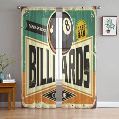 Retro Biljartbord Ontwerp Met Zwarte Achtbal Chiffon Transparante Gordijnen voor Woonkamer Slaapkamer Raam Voiles Tule Gordijn 135W x 114H(cm) black