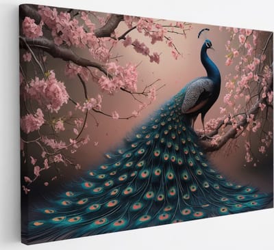 Saammp Canvas Schilderij - Pauw tussen de roze bloesem - Dieren - Natuur - 30x20 - Foto op canvas - Wanddecoratie - muurdecoratie Woonkamer - Slaapkamer decoratie - Canvas Print