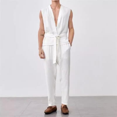 Nieuw Heren Commuter Pak Casual Gilet Mouwloze Broek Heren M white