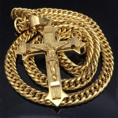 Gouden Kruis Christus Jezus Hanger Ketting Roestvrijstalen Schakel Rolo Ketting Zware Heren Sieraden Cadeau 60cm