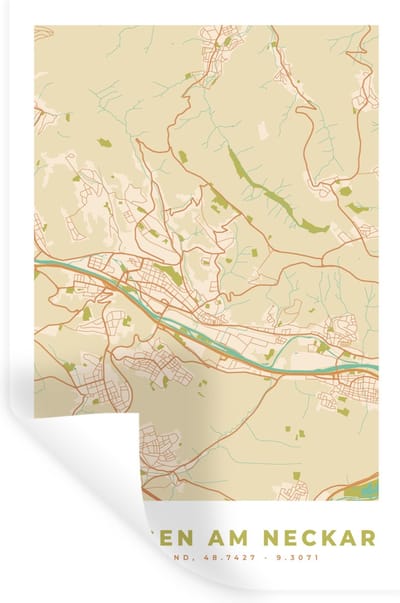 Muurstickers - Sticker Folie - Esslingen am Neckar - Plattegrond - Kaart - Vintage - Stadskaart - 20x30 cm - Plakfolie - Muurstickers Kinderkamer - Zelfklevend Behang - Zelfklevend behangpapier - Stickerfolie