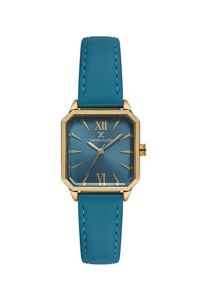 Daniel Klein DK.1.13939-2 - Horloge - Polshorloge - Analoog - Dames - Vrouwen - Leren band - Metaal - Achthoek - Romeinse cijfers - Driehoekige strepen - Turkoois - Goudkleurig- Wit