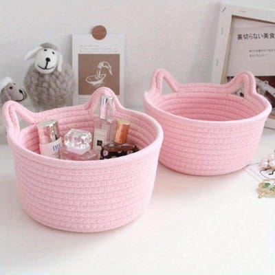 1 stuks Kleine Handgeweven Kattenoordesign Touw Opbergmand, Desktop Opbergmand voor Woonkamer, Slaapkamer, Bureau, Nachtkastje S roze