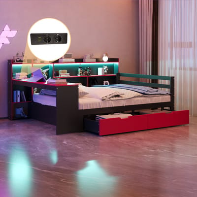 OKWISH Multifunctioneel Bed 140x200 cm – Met Bureau En Boekenkast – Led Verlichting En Stopcontacten – Met Lades En Opbergruimte – Zonder matras – Zwart Rood