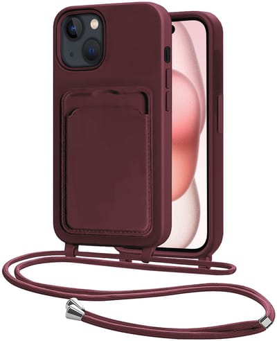 Hoes Geschikt voor iPhone 15 Plus Hoesje Pasjeshouder Cover Met Koord Case Siliconen Hoes Met Telefoonkoord en Kaarthouder - Aubergine