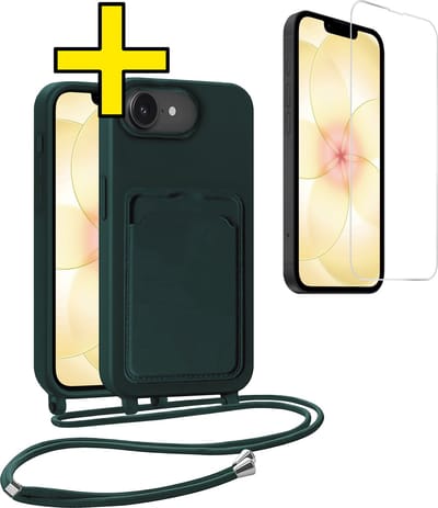 Hoesje Geschikt voor iPhone 17e Hoesje Met Koord Met Screenprotector Siliconen Case - Hoes Geschikt voor iPhone 17e Backcover Met Afneembaar Koord - Donkergroen