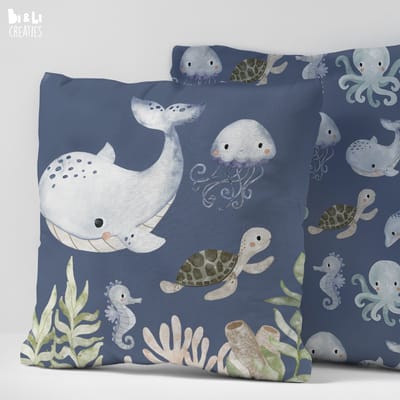 Kussen Under the sea blauw-Kinderkamer decoratie-Kinderkamer accessoires-Kussen zeedieren blauw-Kussen incl binnen kussen-maat 40x40