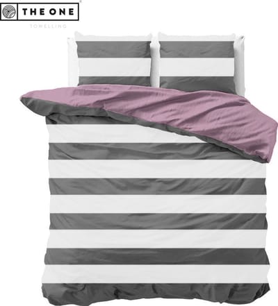 The One Bedding Dekbedovertrek Strepen - 240 x 220 cm - Lits jumeaux - 2 Kussenslopen - Katoen - Donkergrijs & Pruim