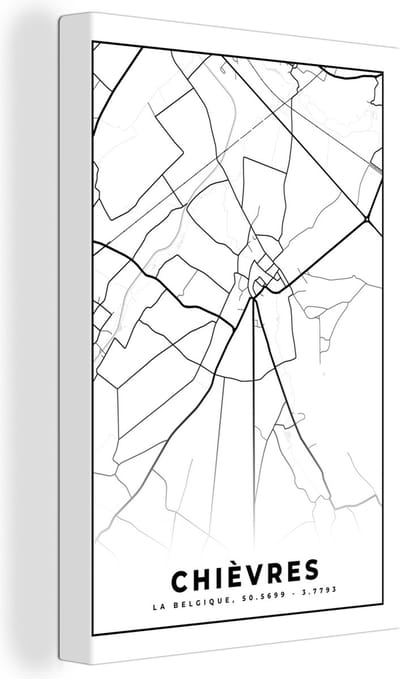 Canvas Schilderij Kaart – Plattegrond – Stadskaart – Chièvres – België – Zwart Wit - 20x30 cm - Wanddecoratie