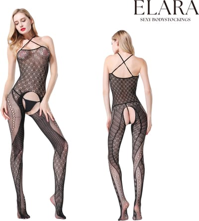Elara - Romina - Bodystocking Erotische Lingerie met Open Kruis - Catsuit - S t/m XL - Sexy Dames Lingerie