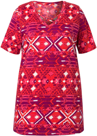 Ulla Popken - Dames - Longshirt sierbanden A-lijn V-hals halflange mouwen - Lychee - Maat 50+