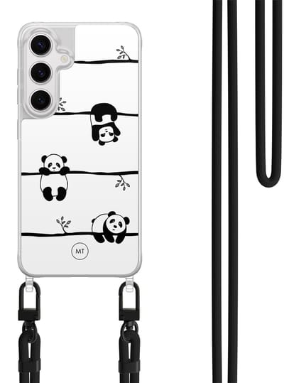 Hoesje met koord geschikt voor Samsung Galaxy S24 - Panda - Inclusief Zwart koord - Crossbody beschermhoes - Transparant, Zwart, Wit - Mooie Telefoonhoesjes