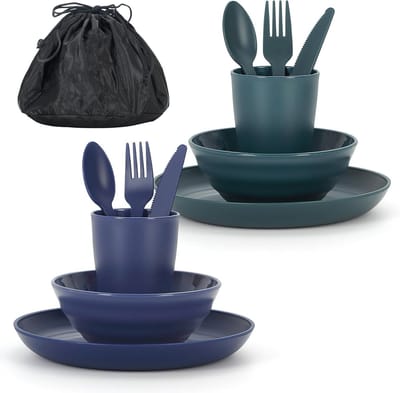 Camping bestekset voor 2 personen met kom, bord, beker, lepel, vork, mes en draagtas - Essentiële accessoires voor reizen, picknick en buitenactiviteiten
