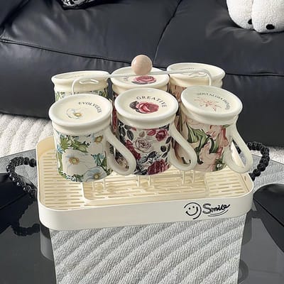 Mug Rétro Littéraire Français Imprimé Tasse à Eau en Céramique Style Pastoral Créatif Style Floral Végétal Set 300ml