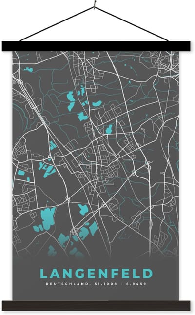 Posterhanger incl. Poster 40x60 cm - Schoolplaat - Blauw – Duitsland – Plattegrond – Stadskaart – Kaart – Langenfeld - Textielposter - Zwarte latten - Stadskaart