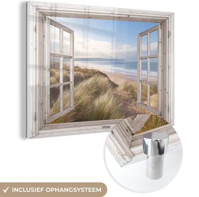 MuchoWow® Glasschilderij 60x40 cm - Schilderij acrylglas - Doorkijk - Strand - Zee - Duinen - Helmgras - Zand - Blauw - Foto op glas - Schilderijen