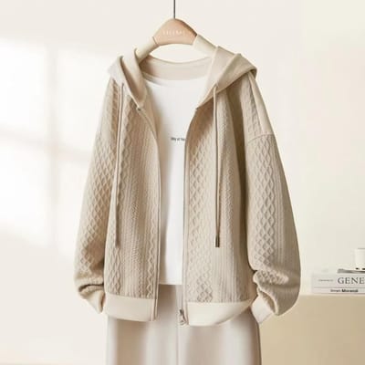Gebreid stranded sweatshirtjack met capuchon voor dames voor de winter Eenvoudig casual gebreid jack XL beige