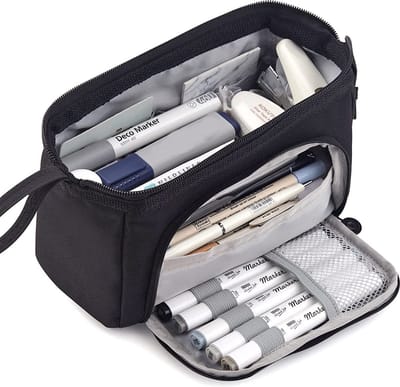 ACROPAQ Etui zwart – Groot etui met 5 vakken – Voor jongens & meisjes – School etui, tekenetui, etuis voor school