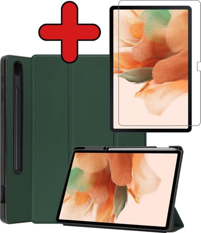 Hoesje - Geschikt voor Samsung Galaxy Tab S7 FE - Met Screenprotector - Trifold Bookcase Hoes - Hard Cover Case - Met Uitsparing Geschikt voor S Pen - Hardcover Book - Tablethoes - Donkergroen